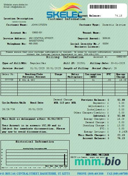 St. Kitts Electricity Firma (SKELEC) szablon do edycji rachunku za media w formatach PDF i Word
